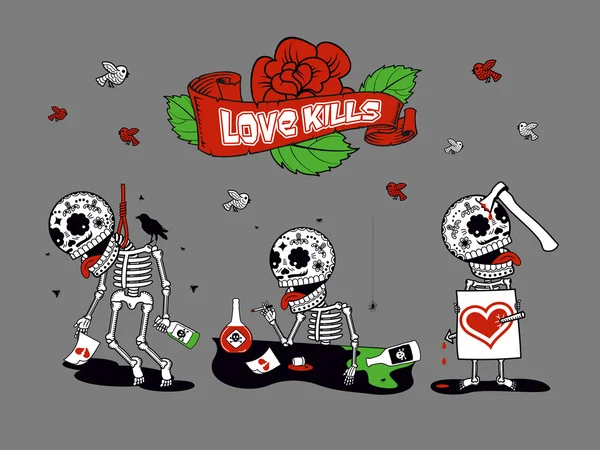 Three skeletons. Love Kills. — Stock vektor