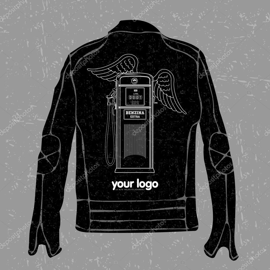 Jacket with a logo on the back in the form of a stylish old gas station