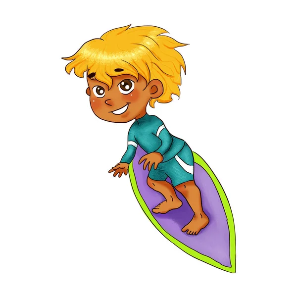 Een Kind Rijden Een Surfplank Geïsoleerd — Stockfoto