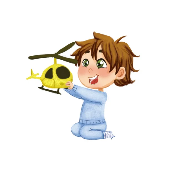 Child playing with a toy helicopter on white background