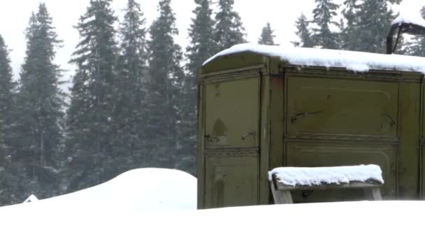 De ijzeren container in de sneeuw. De actie in een bergbos. — Stockvideo