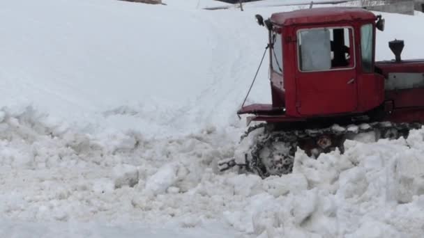 Το κόκκινο τρακτέρ κάμπια απομακρύνει χιόνι από τον δρόμο. — Αρχείο Βίντεο