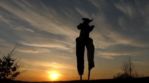 Stilt Walker dansen bij zonsondergang. Geweldige Show. Actie in Slow Motion. — Stockvideo