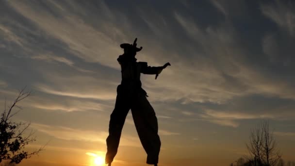 Stilt Walker Dancing at Sunset. Good Show. — Stock Video