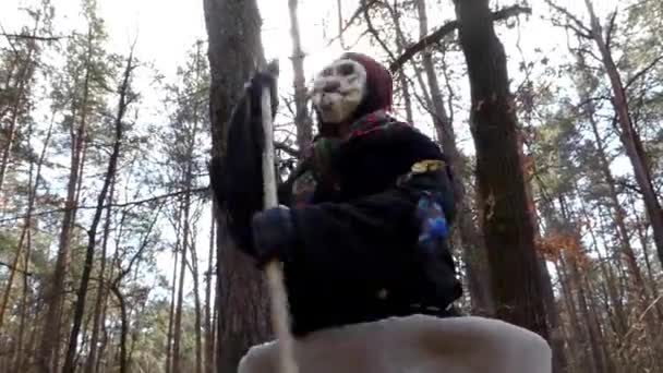 Spettacolo di Baba Yaga nella Foresta.trick con Scopa . — Video Stock