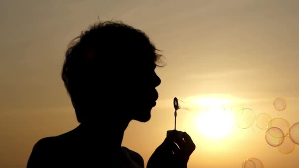 La Silhouette de Man Blow Bubbles au coucher du soleil. Belle action au ralenti . — Video