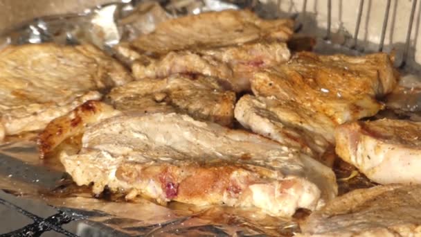 Heerlijk vlees bereid op de Grill. Close-up. — Stockvideo