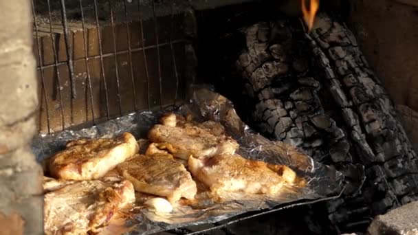 Deliciosa carne preparada no grelhador. Fechar . — Vídeo de Stock