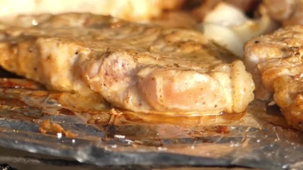 Heerlijk vlees bereid op de Grill. Close-up. — Stockvideo