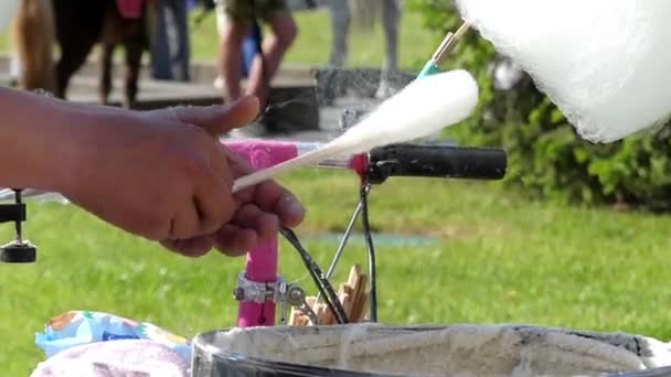 Preparation of Cotton Candy in Slow Motion. the Action Takes Place in the Park. — Stock Video