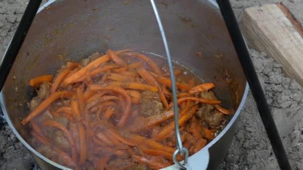 Carote e carne che cuociono sul fuoco nel calderone . — Video Stock