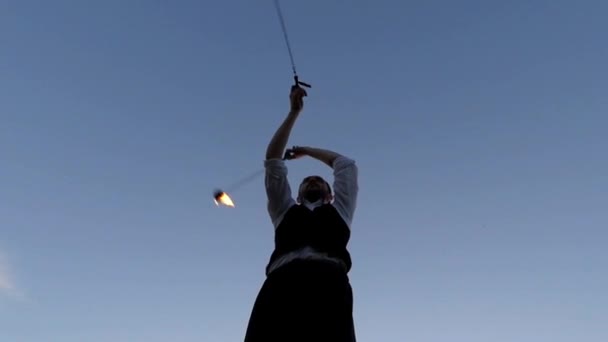 Incredible Stunts With Fire Poi. Slow Motion. Spinning Over Head. — Stock Video