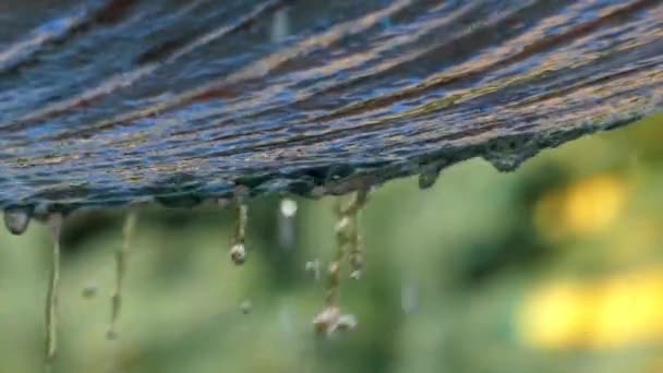 Neuvěřitelné malé kapičky vody stékající staré kašny v pomalém pohybu. — Stock video