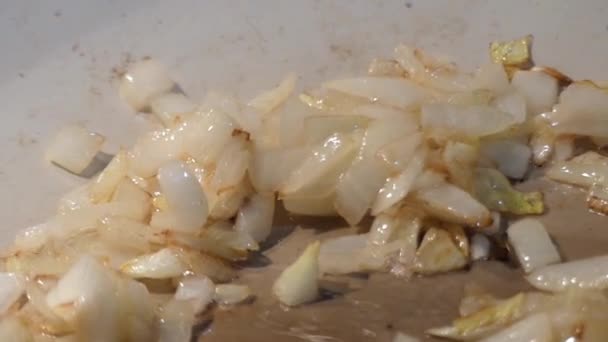 Kızarmış soğan tatlı kızartma Pan içinde hazırlanması Ağır çekim. — Stok video