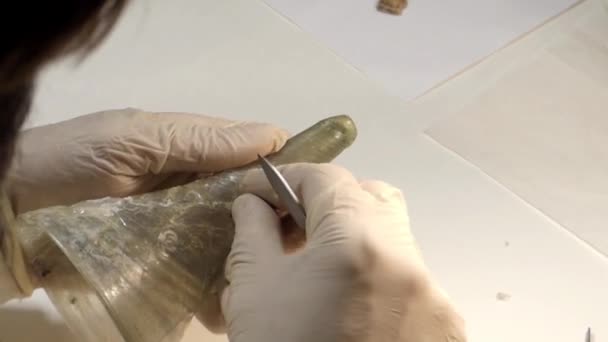 Unique Restoration Work: the Restoration of the Glass Goblet. Primer plano Shot . — Vídeo de stock