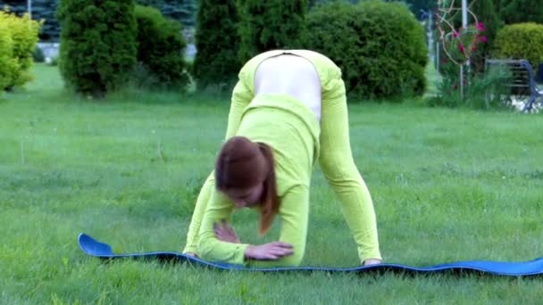 Sporty Girl si allunga nel parco. Inclinazione . — Video Stock