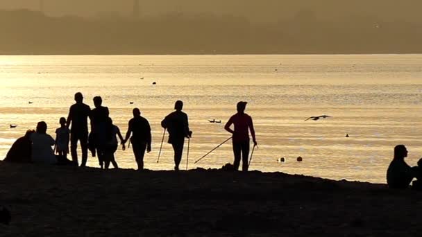 Άνθρωποι ανάπαυση στην παραλία θαυμάζοντας το ηλιοβασίλεμα. Αργή κίνηση. — Αρχείο Βίντεο