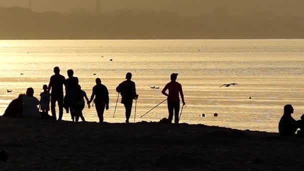 Persone che riposano sulla spiaggia Ammirando il tramonto. Rallentatore . — Video Stock