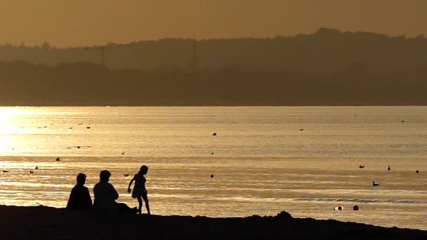 Люди, відпочиваючи на пляжі, милуючись заходом сонця. Повільний рух. — стокове відео