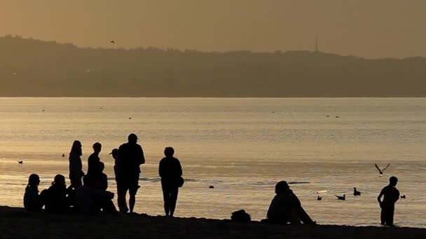 Gente descansando en la playa admirando la puesta de sol. Moción lenta . — Vídeos de Stock