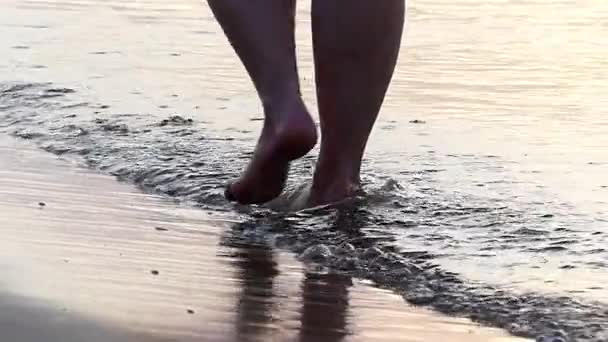 La silueta de sus piernas en cámara lenta caminando en la orilla del océano durante la puesta del sol . — Vídeos de Stock