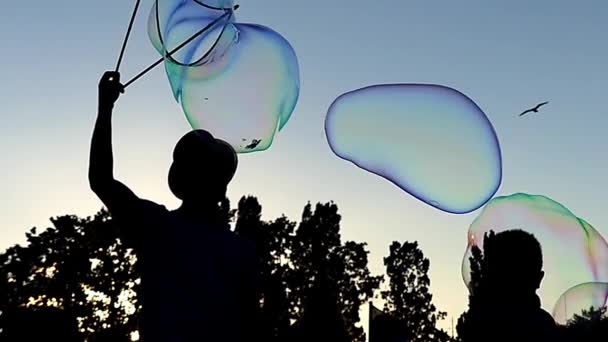 Verbazingwekkende en grote zeepbellen vliegen in de lucht. Slow Motion. — Stockvideo