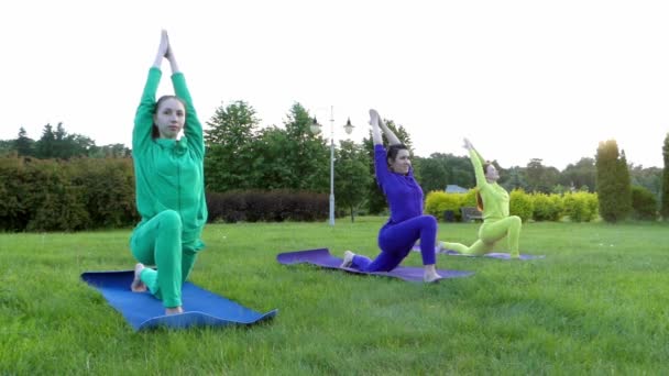Yoga no parque. Três meninas no esporte usam pernas esticadas . — Vídeo de Stock