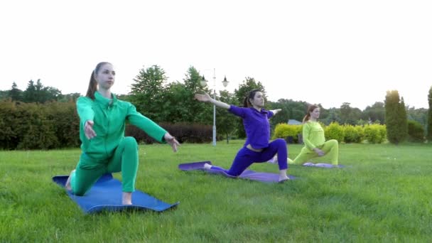 Yoga i parken. Tre flickor i Sport slitage sträckt ben. — Stockvideo