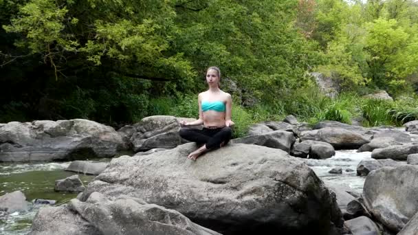 若くて美しい女の子は、岩の上の瞑想です。深く息を山川の新鮮な空気. — ストック動画