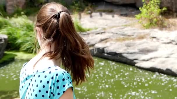 ドレスの少女が崖、渓谷の景色を眺めながら座っています。. — ストック動画
