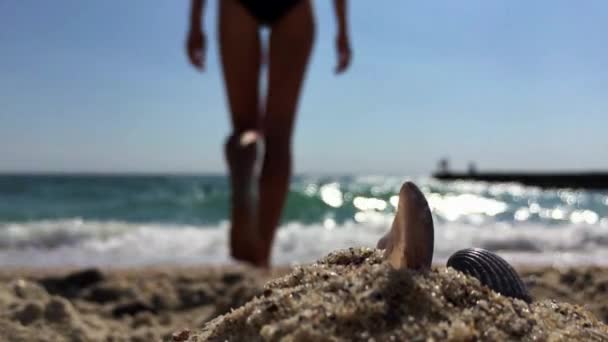 Una chica camina hacia el mar . — Vídeo de stock