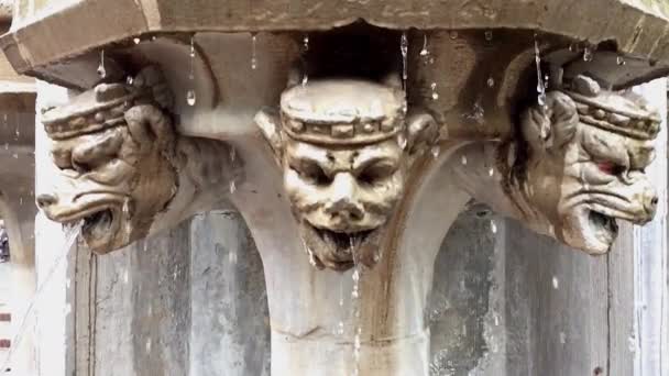 Oude fontein. Druppels van de waterstroming beneden de gezichten van de sculpturen. — Stockvideo