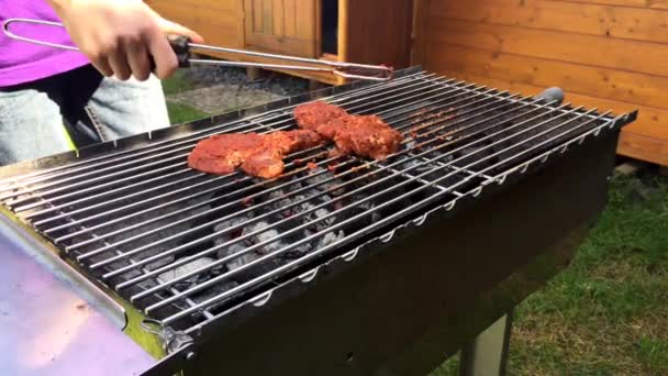 Steak juteux cuit sur le gril . — Video