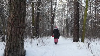 Winter forest in which walks the girl. Rear view.