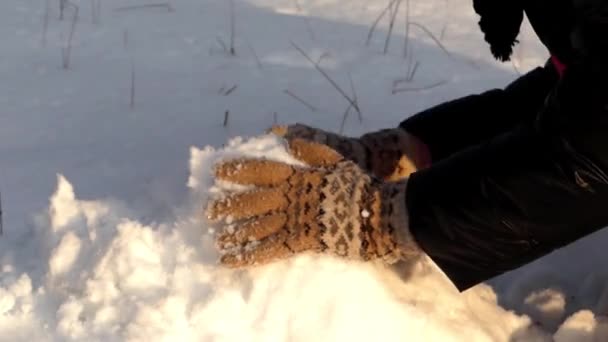 La niña comienza a hacer muñeco de nieve en el bosque de invierno. Primera parte . — Vídeo de stock