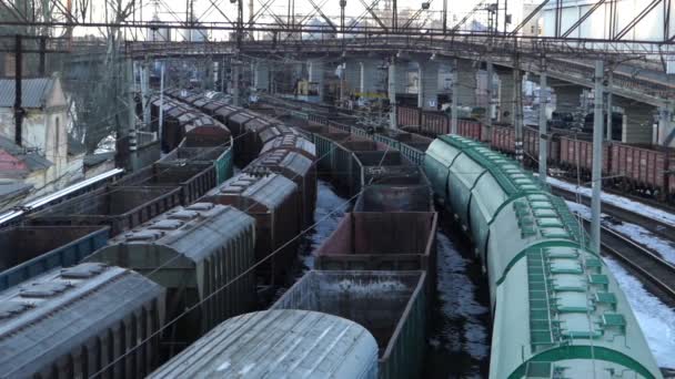 Estación de tren. Trenes de mercancías parados en el ferrocarril . — Vídeos de Stock