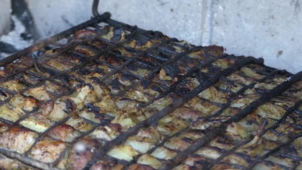 Matlagning kebab på grillen och på kolen. — Stockvideo