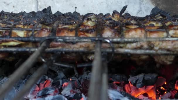 Cocinar kebabs en la parrilla y en las brasas . — Vídeo de stock