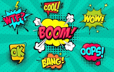 Çizgi film koleksiyonu, komik konuşma balonları. Pop sanat tarzında yarım tonlu nokta arkaplanı olan renkli diyalog bulutları