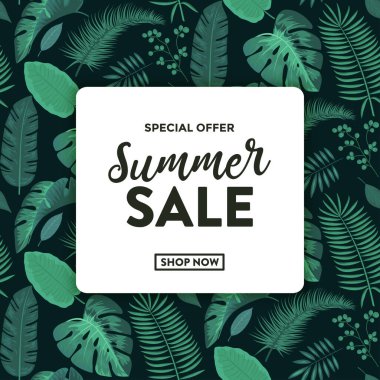 Yaz indirimi afişi, Tropikal Egzotik Yapraklar ve Çiçekler afişi