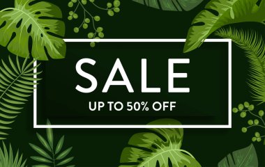 Palm Leaves ile dekoratif Tropikal Orman Arkaplanı. Egzotik Bitkiler Arkaplanı, Yapraklı Çerçeve Tasarımı. Metnin için Yer ile Vektör İllüstrasyonu. Doğaya yakın dur.