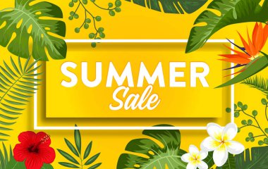 Yaz indirimi afişi, Tropikal Egzotik Yapraklar ve Çiçekler afişi