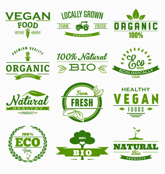 Serie Etichette Ecologiche Verdi Alimenti Illustrazione Vettoriale — Vettoriale Stock