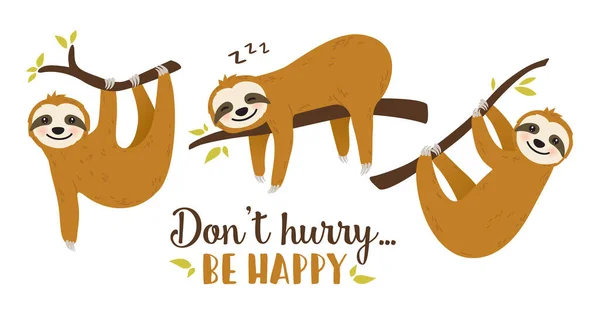 Hurry Happy Card Cute Sloth Vector Illustration — Stock Vector