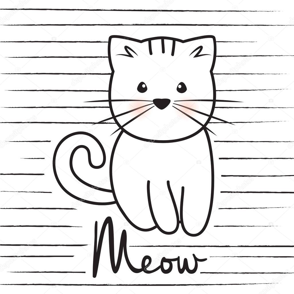 hand drawn doodle cat with text meow, vector illustration
