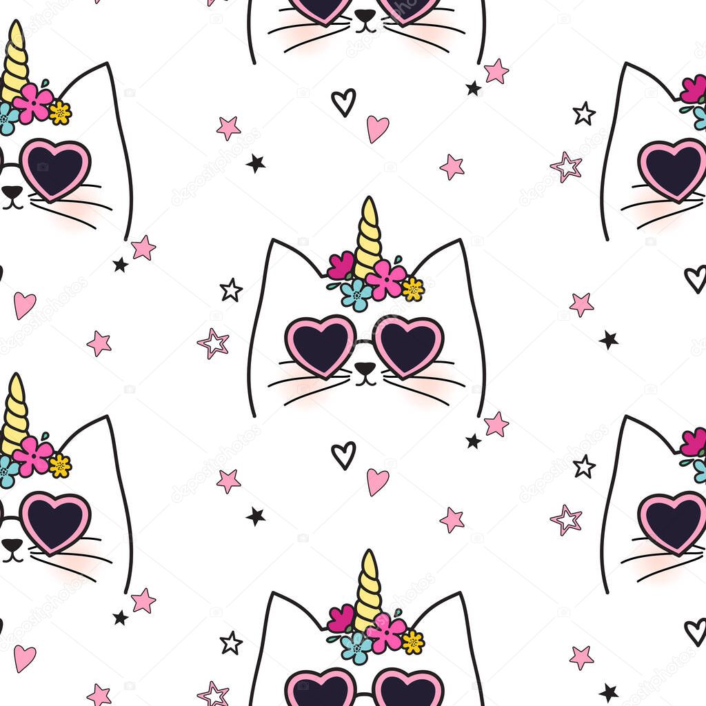 seamless cute cats with horns on white background