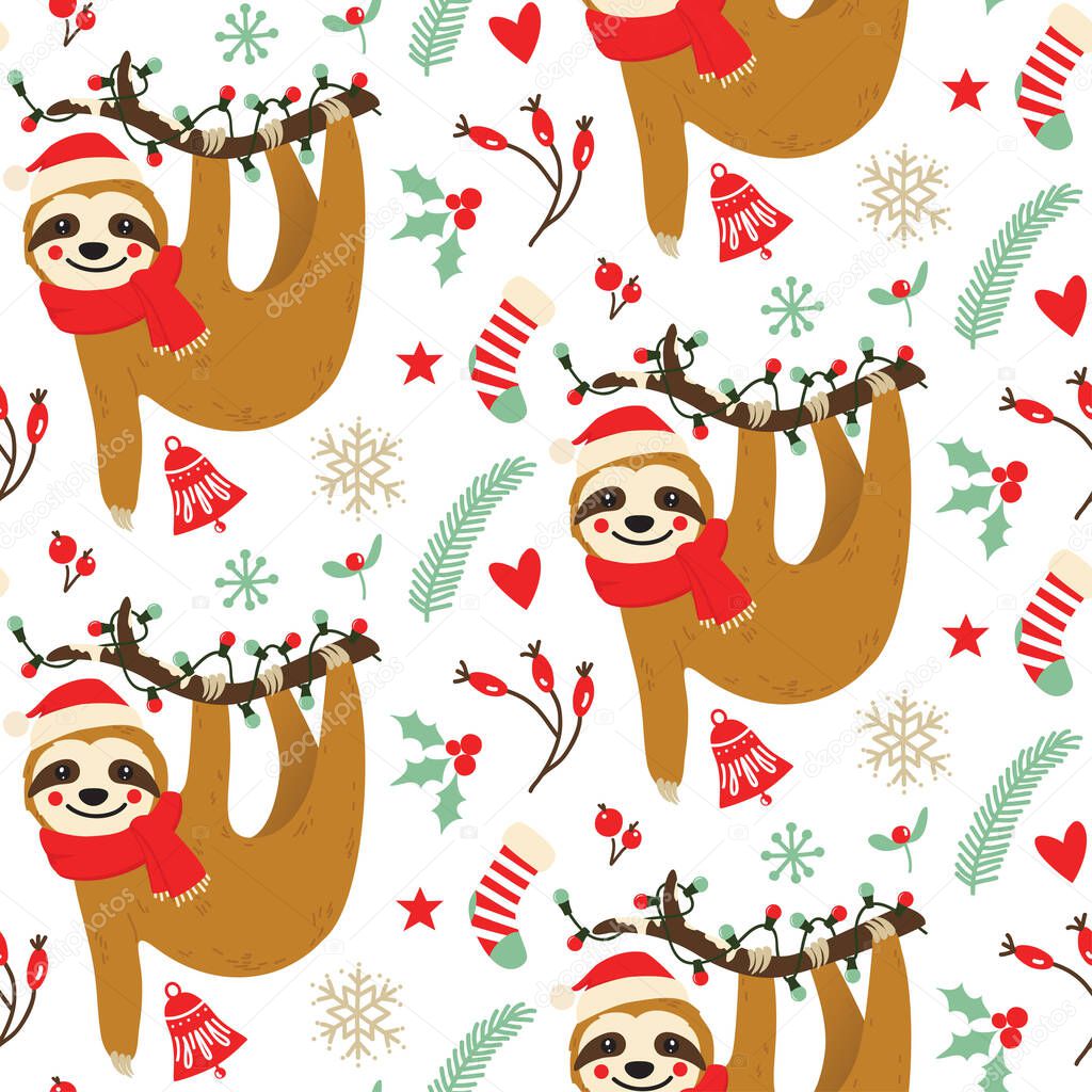 christmas seamless pattern with sloth hanging on branch