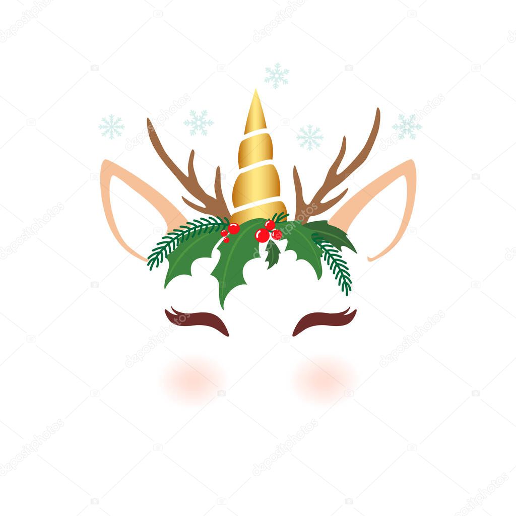 christmas card with unicorn isolated on white background