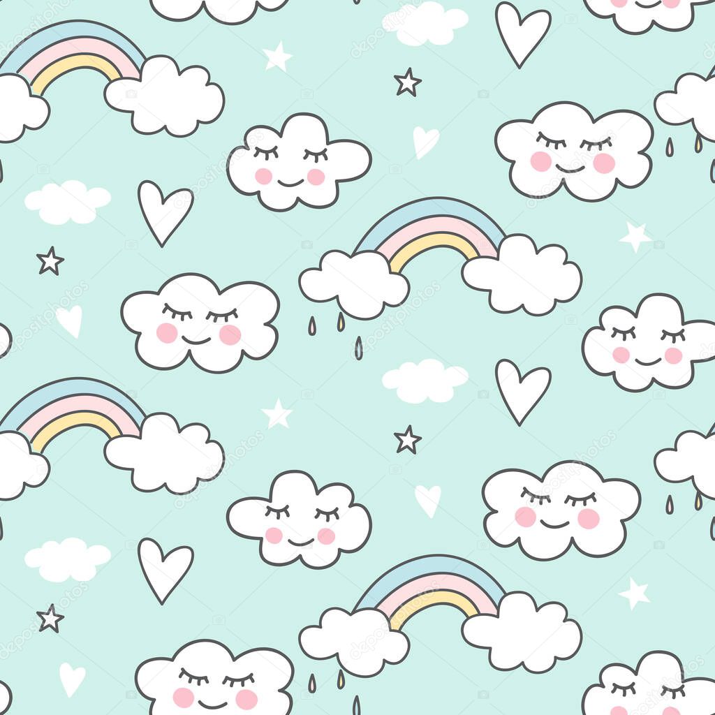 seamless pattern with clouds and rainbows, vector illustration