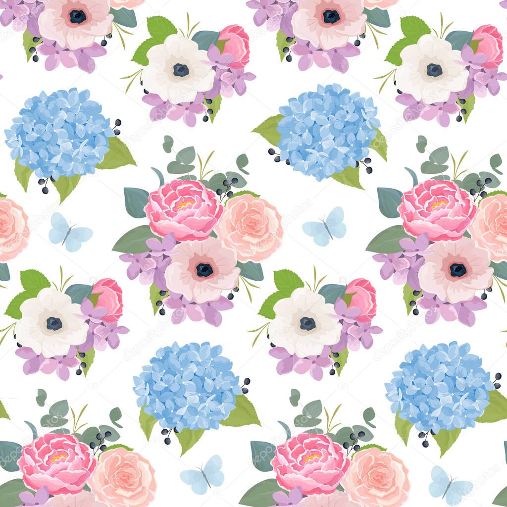 Seamless floral vector design pattern with romantic summer flowers in watercolor style